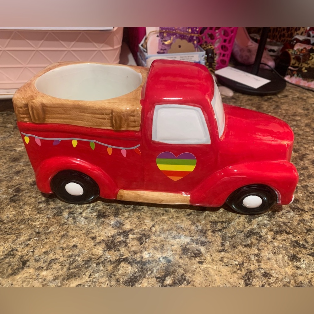 Red Ceramic Truck candle holder with Heart Design